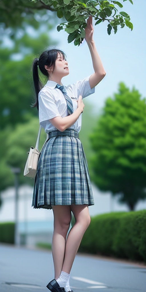 1girl, skirt, solo, black hair, school uniform, shirt, ponytail, looking up, long hair, plaid, plaid skirt, necktie, socks, outdoors, shoes, white shirt, blurry background, blurry, short sleeves, standing, collared shirt