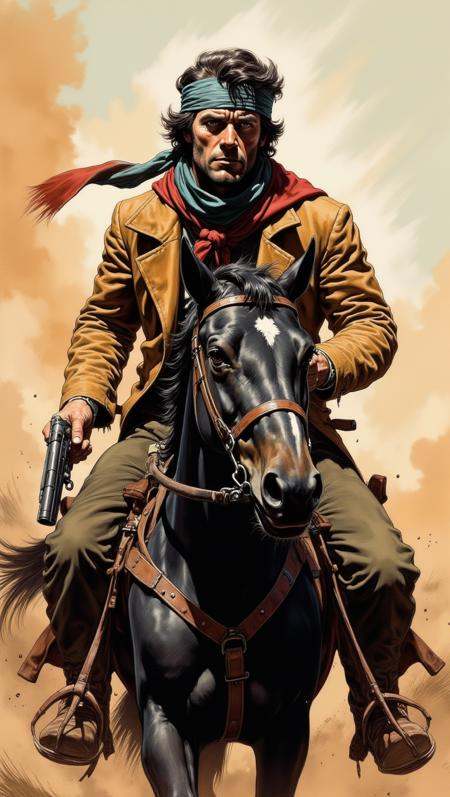 A hardened outlaw with a bandana covering his face rides through a dusty desert on a black horse. His eyes are sharp and v...