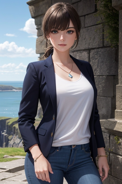 masterpiece,ultra realistic,32k,extremely detailed CG unity 8k wallpaper, best quality,(summer day ),lady ,necklace ,eardrop, The Cliffs of Moher, Ireland, ( Indigo Wear a tailored blazer with a graphic t-shirt and skinny jeans. ) , Brunette hair ponytail with bangs ,