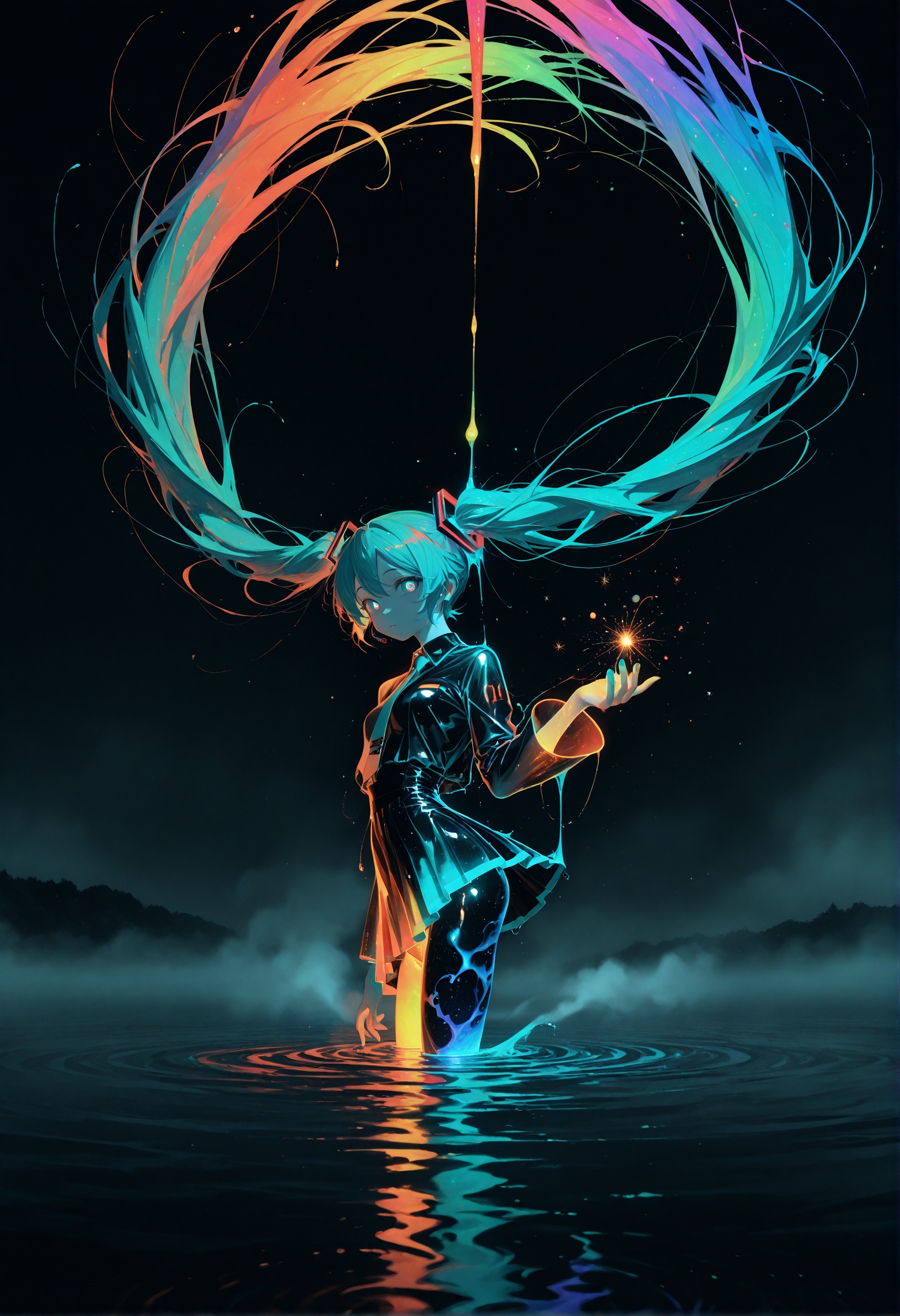 Hatsune Miku,limited palette,black background,colorful,vibrant,glowing outline,neon,blacklight,looking at viewer,fog,from_side,masterpiece,best quality,amazing quality,very aesthetic,absurdres,newest,scenery,impactful picture,offcial art,movie perspective,Holding the lake water,the fluorescent lake water,mercury,hands_focus,