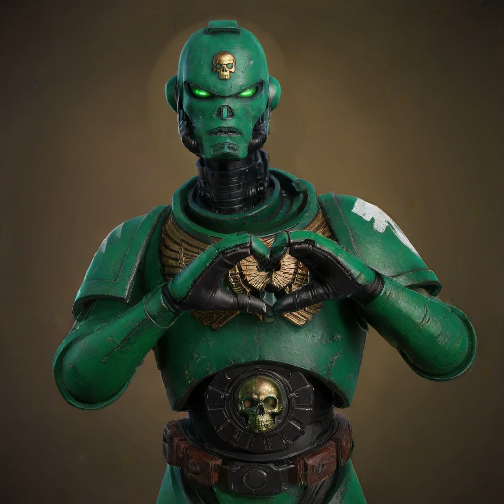 a green spacemarine robot,  makes a heartshaped sign,  steampunk war background on Tensor.Art