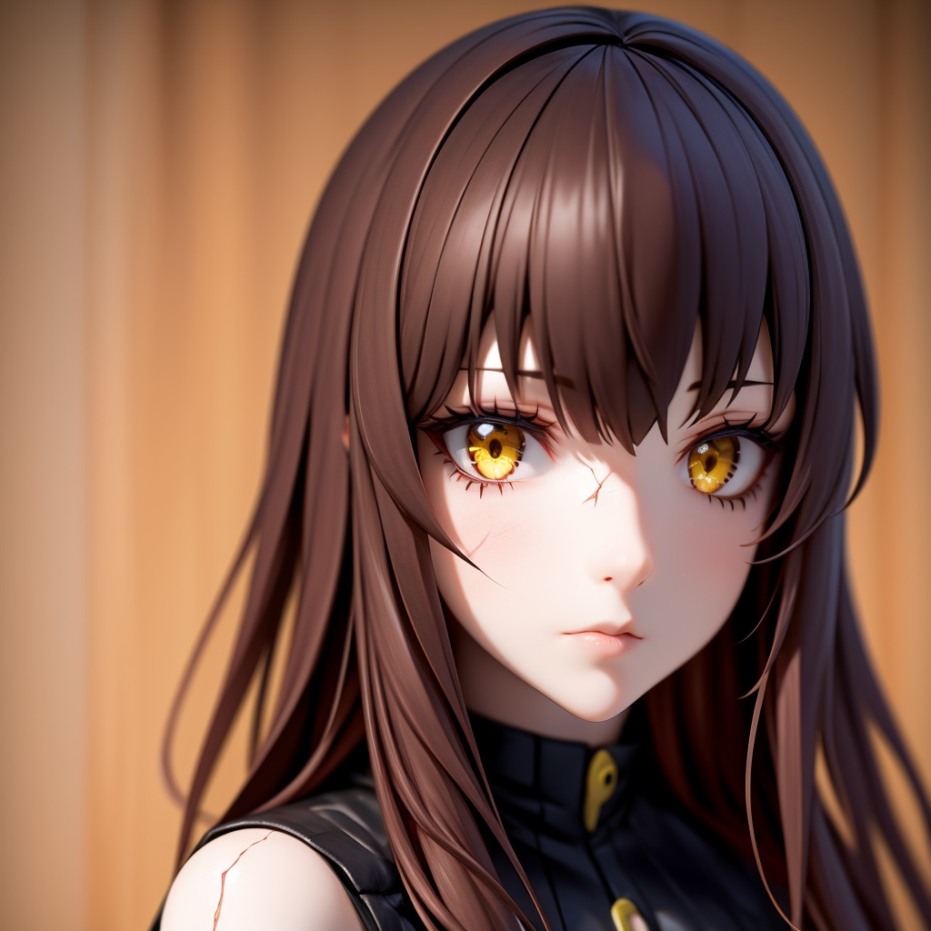1girl, brown hair, solo, long hair, cracked skin, portrait, yellow eyes