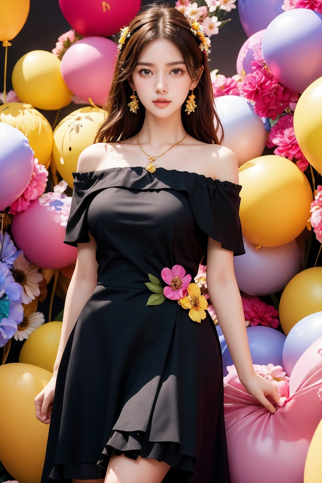 1girl,nan,plump,solo,jewelry,long hair,necklace,earrings,looking at viewer,cowboy shot,off shoulder,wavy hair,bare shoulders,grey eyes,lips,parted lips,skirt,frills,(black dress:1.3),colorful balloons,winnie the pooh,(flower background:1.5),