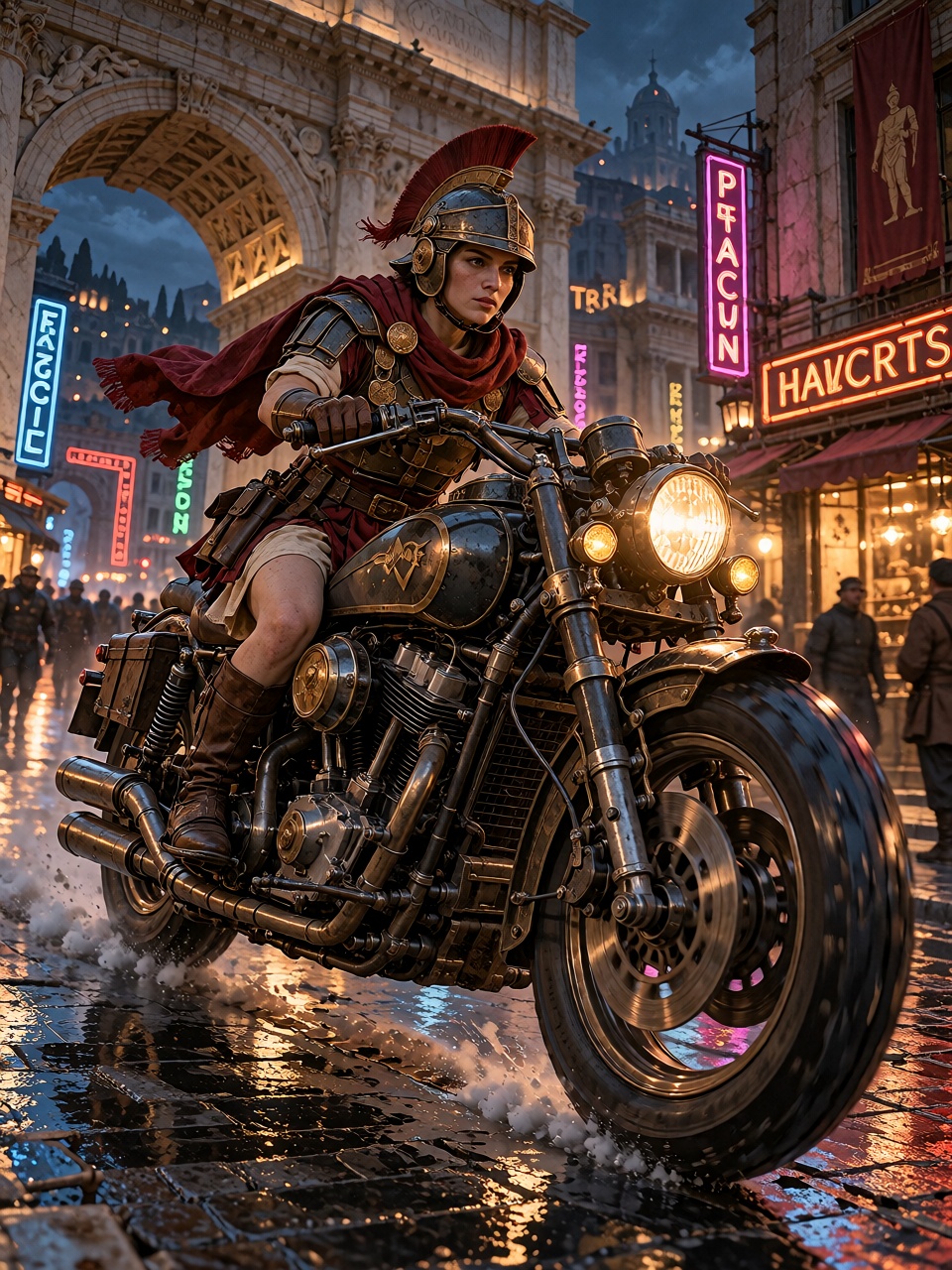 A beautiful young Roman courier riding a powerful custom-built diesel motorcycle through the streets of imperial Rome at n...