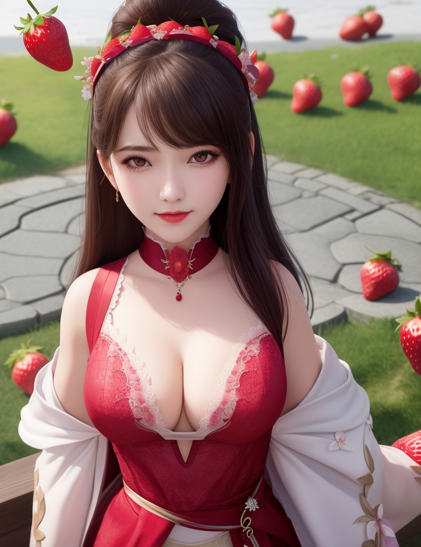 <lora:528-DA-万古狂帝-林柔:0.8>(,1girl, ,best quality, ),looking at viewer,masterpiece, (( , )),ultra realistic 8k cg, ,    ,cleavage,strawberry blossoms,lace , (cleavage), (),