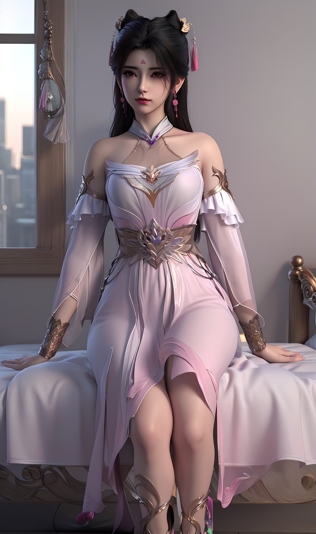3D,masterpiece,(best quality),(makeup),official art, extremely detailed cg 8k wallpaper,((crystalstexture skin)), (extremely delicate and beautiful),(highly detailed),(face),(collar),(long_sleeves),(1girl), (solo), (jewelry), (earrings),(black_hair),(long_hair),(hair_ornament),(handwear),(breasts),(sitting),(full_body,whole_body),(long_legs),(closed_mouth),(off-shoulder_dress),(long_skirt),,(chinese_clothes),(multicolored_clothes),(multicolored_dress),(shiny_clothes),(bare_shoulders),(city,indoor,bed),(wristband),,((looking_at_viewer)),((Facing the camera)),,(sandals), (shoes),(high_heel),, <lora:hipoly3DModelLora_v10:0.3>