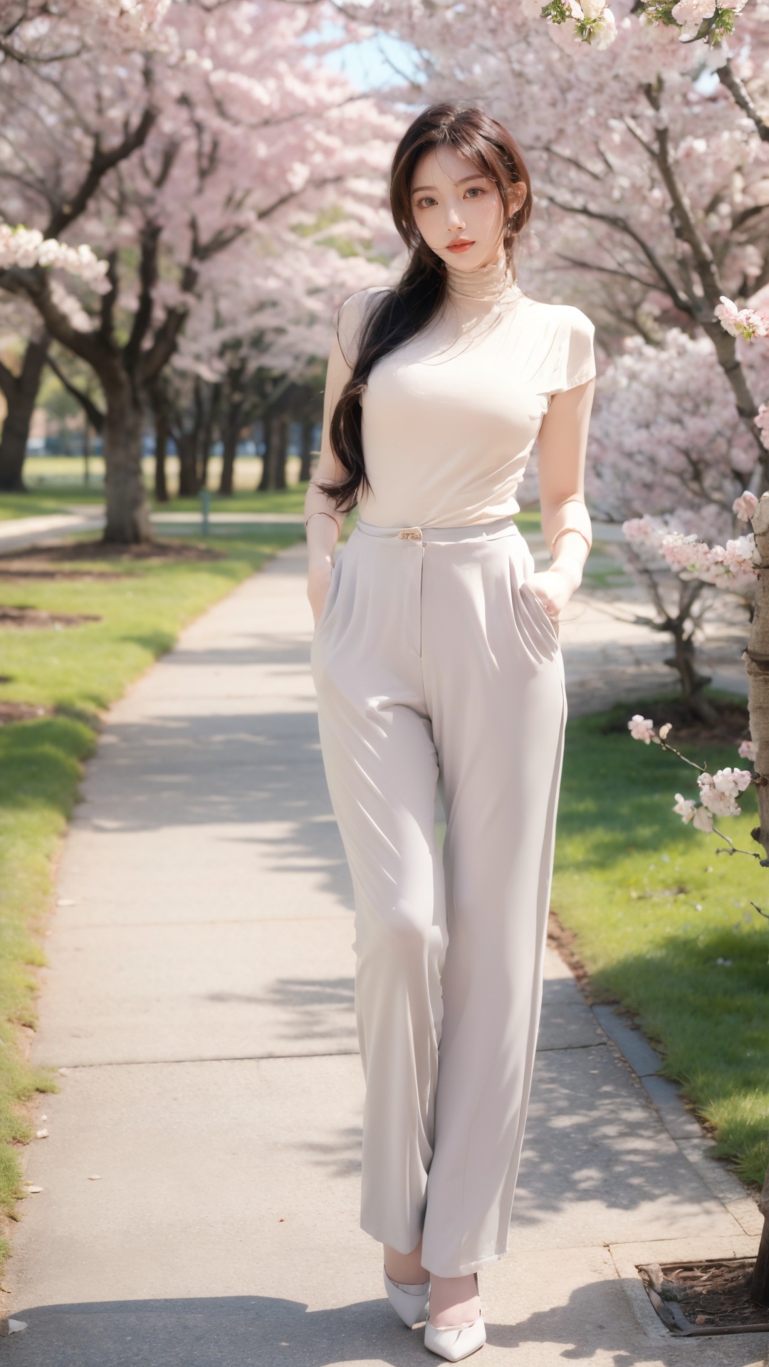 Realistic, masterpiece, best quality,8K,HDR,RAW,1girl,((solo)),(Spring scenery, parks, peach blossoms), (standing),large breasts, full body,<lora:add_detail:0.6>, <lora:GoodHands-vanilla:1>, <lora:ENNE 轻商务套装_V2:1> ,suit pants,shirt,