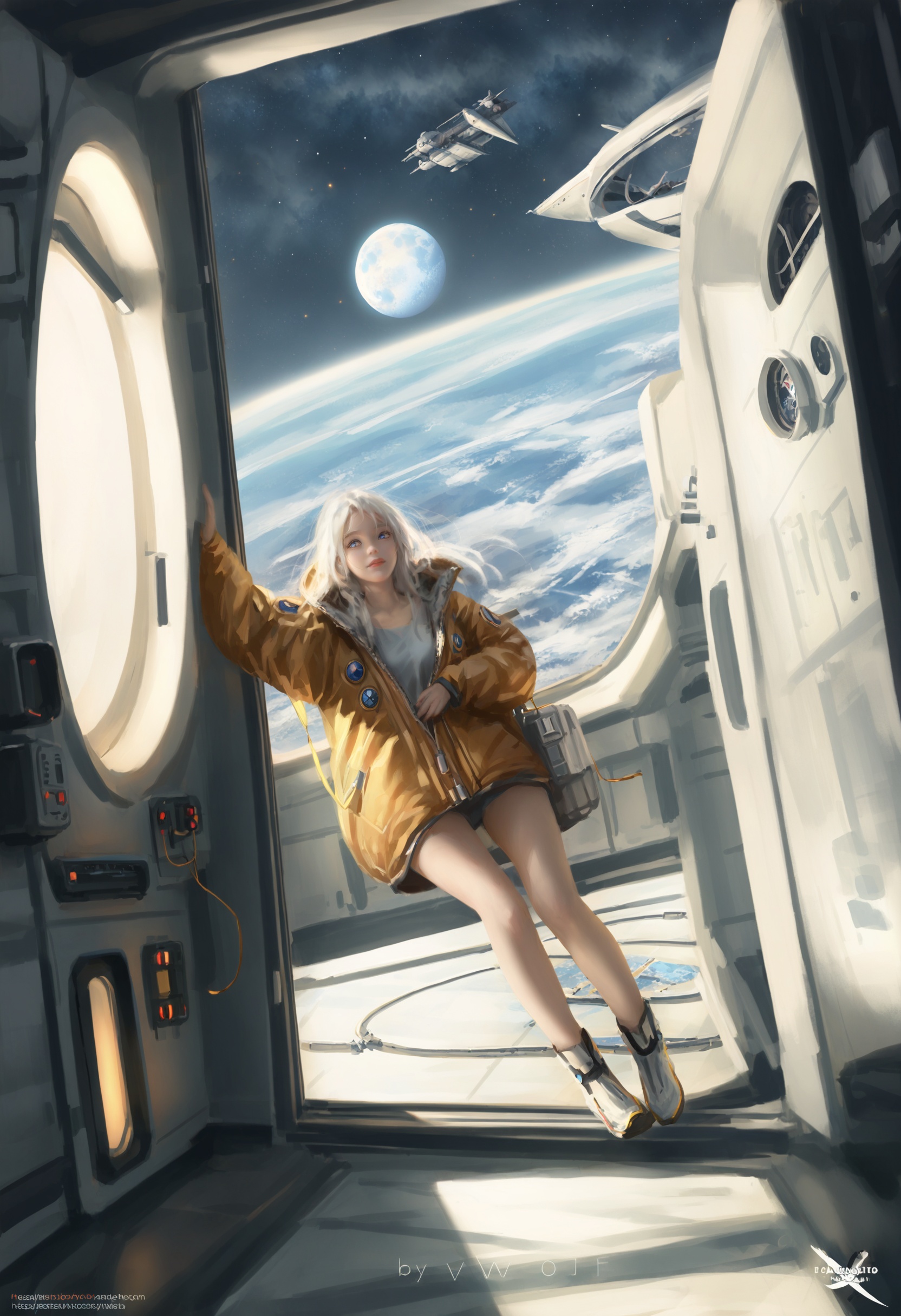 masterpiece, best quality,1girl,   realistic, solo, Outerwear, white hair, scenery, window, star, (sky:1.1), moon, open door, blonde hair, space station, blue eyes, logo, spacecraft, science fiction <lora:wlopXLlokr4f-000187:0.95>
