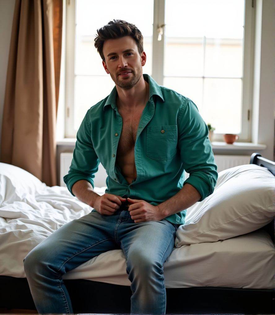 c3v4n ,  He is unbuttoning his green shirt,  sitting on the edge of a black Ikea bed with white sheets on Tensor.Art