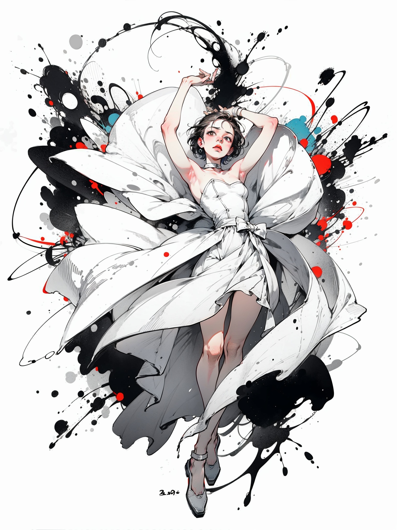 ((Character Sketch XCYP), (Black  and  White Pen  and  Ink Drawing: 2.0), High Abstract, Minimalist Style, Thick Lines, Smooth Lines, Clean, Perfect Composition, High Contrast, Strong Black  and  White Contrast, Masterpiece, Award-Winning Piece, Best Quality, Masterpiece, 8K, High Resolution.)perfect hand.Ballet dancer, Figaro's wedding dress, full body, virtual background, HD, photo, Baroque dress style, complex stage background, costume, flexibility, graceful movements, physical strength, Romantic Realism, Quentin Blake, Billy Elliot, silhouette, spotlight,
