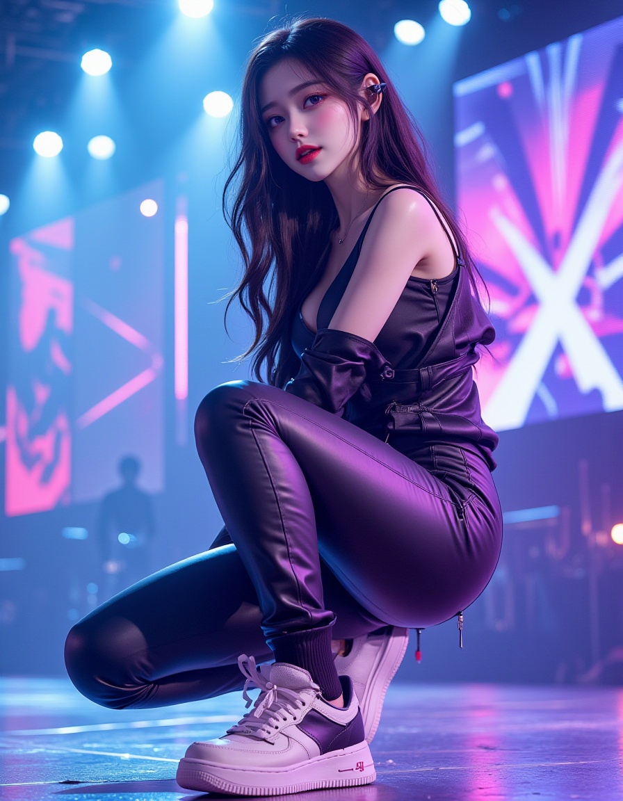 A highly stylish and trendy young South Korean woman, embodying modern fashion aesthetics, performs intricatecontemporary hip-hop (breaking/robot) moves on stage. She's executing dynamic "riding" or robotic precision stepswith energetic footwork.She is equipped with a sleek earpiece microphone, ensuring her voice flows clearly amidst the vibrant performance.Her expression is playful and mischievous ("naughty smile", "twinkling eyes"), capturing that unique blend ofconfidence and fun during her dance routine. She appears mid-move or strikingly poses in this energetic moment.The stage background features a dynamic LED screen displaying abstract patterns, adding to the visual excitement.The lighting design is crucial – sharp spotlights carve out dramatic silhouettes, while vibrant colors, perhapseven some subtle holographic or glowing elements, highlight her form and create stunning reflections off themetallic props often used in breaking/robot style.The overall image should be a captivating digital illustration with strong contrasts, emphasizing the dynamicenergy of her performance and the impressive visual impact generated by the lighting effects. Style: Modern K-Popstage aesthetic meets contemporary street fashion and breakdance/robot dance precision.