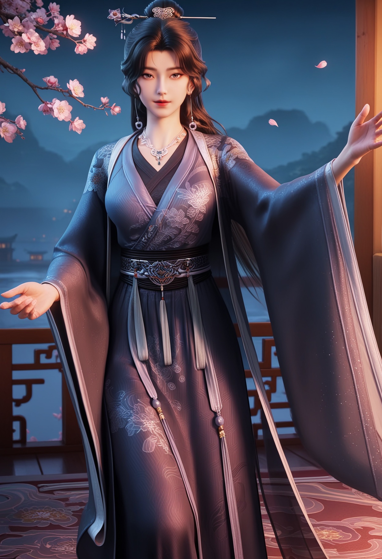 masterpiece,best quality,amazing quality,high resolution,ultra-detailed,absurdres,(looking at viewer:1.1),(Dark room:1.3),(moody lighting:1.1),peach blossom,falling petals,(large breasts:0.8),tszhanglao,1girl,solo,black hair,long hair,chinese clothes,hair ornament,jewelry,hanfu,necklace,realistic,earrings,hair bun,dress,long sleeves,shoes BREAK photorealistic details,<lora:QQSilltszhanglaoV1:0.8>,