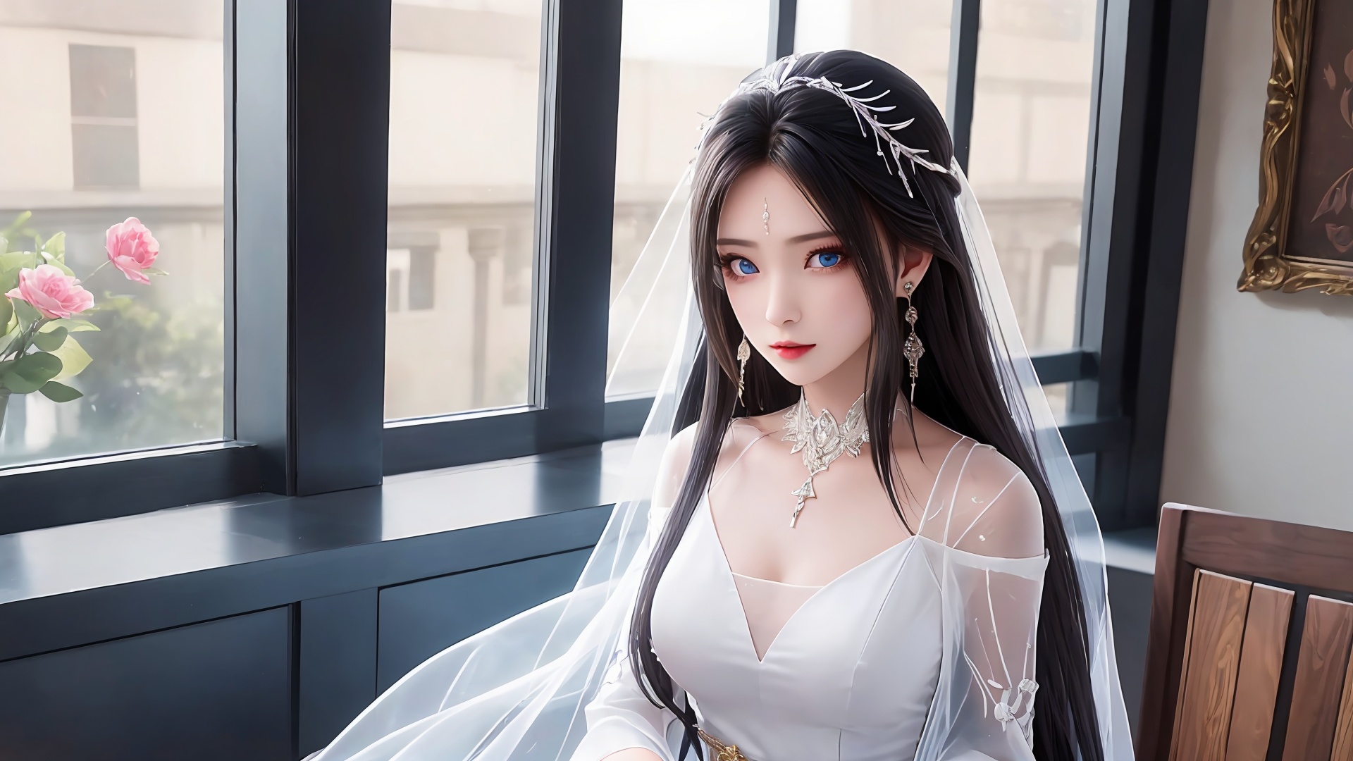 1girl,jewelry,solo,black hair,long hair,earrings,dress,upper body,white dress,veil,indoors,necklace,hair ornament,table,window,looking at viewer,closed mouth,blue eyes,<lora:girl solo luxueqi_20240911015355:0.6>,<lora:SD1.5泛光调节_v1.0:0.5>,