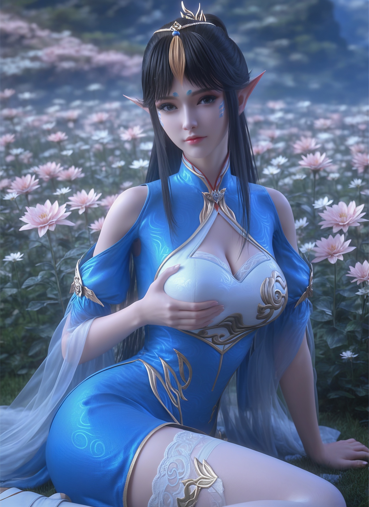 fengqinger,<lora:fengqingerXL:0.8>,score_9,score_8_up,score_7_up,32K UHD,8k,4k,best quality,realistic,extremely detailed cg 8k wallpaper,ultra-detailed,Dark light,dark scene,masterpiece,sharp focus,unconventional supreme masterpiece,masterful details,temperate atmosphere,with a high-end texture,Dynamic Angle,Dynamic posture,translucent,luxurious sharp focus,intense,dynamic cinematic color,intricate detail,located artistic,Fashion and art,elegant and sophisticated,innovative use of light and shadow,decorative,allegorical,symbolic,with a high-end texture,low saturations,dim lighting,1girl,solo,looking at viewer,{sexy stockings|cowl neck stockings|black stockings|plaid tights|nude stockings|thigh-high socks|leggings|pantyhose|seamless stockings},pale_skin,(shiny_skin:0.8),shorts,big breasts,cleavage,bra,framed breasts,high detailed skin,closed mouth,pointy ears,black hair,long hair,facial mark,hair ornament,forehead mark,bare shoulders,flower field,petals,breast grab,outdoors,clothing cutout,blue dress,hair ornament,shoulder cutout,cleavage cutout,expressionless,chinese clothes,