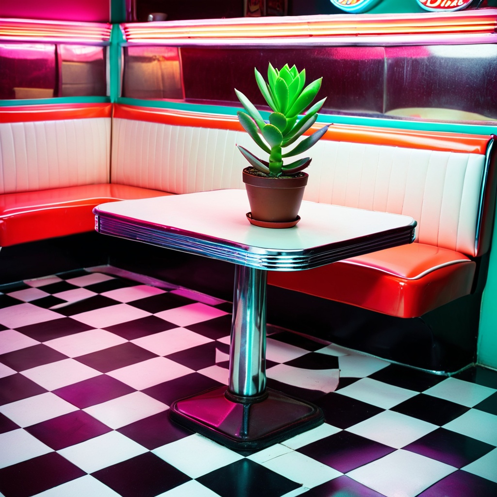 sceneretrodiner,  a small potted succulent,  retro diner booth table on Tensor.Art