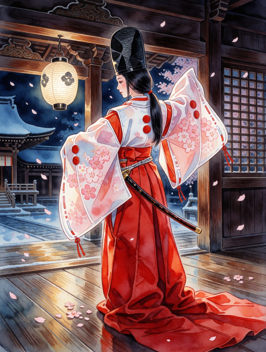 shirabyoshi,  An artistic,  anime-style digital watercolor illustration of a beautiful young woman dressed as a shirabyosh...