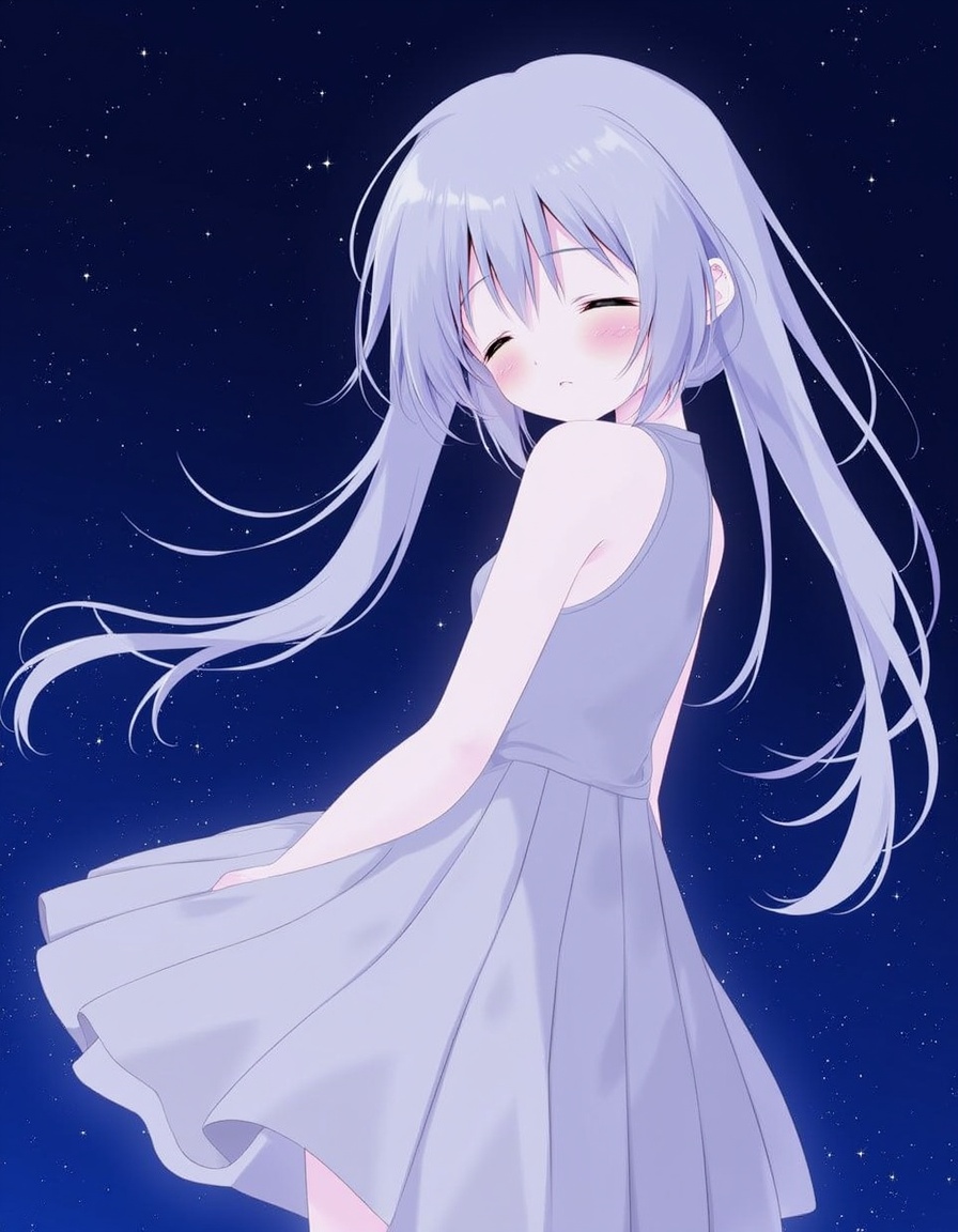 shiratama_(shiratamaco), commentary_request, 1girl, ahoge, backless_dress, backless_outfit, bare_arms, bare_shoulders, closed_eyes, closed_mouth, dress, from_behind, grey_hair, hair_between_eyes, long_hair, looking_at_viewer, looking_back, night, night_sky, outdoors, pleated_dress, sky, sleeveless, sleeveless_dress, solo, standing, star_(sky), starry_sky, very_long_hair, white_dress, , original, year_2022,, <lora:flux-Shiratamaco-000008:1>
