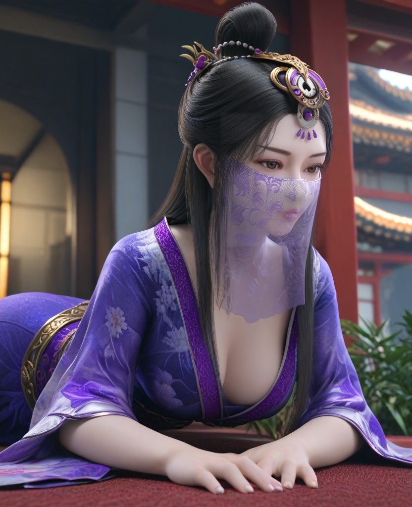 (oriental architecture, elegant decor, sophisticated style:1.1),(lying, on stomach:1.1),(breasts:1.2),<lora:XL16墓王之王圣女神差沐雪离:0.95>,miss muxueli,blue violet dress,mouth veil,brown eyes,black hair,long hair,single hair bun,hair ornament,hanging hair,floral print,sash,, score_9,score_8_up,score_7_up,score_6_up,score_5_up,score_4_up,3d rendering,tag1,tag2, Cinematic Lighting,backlighting,