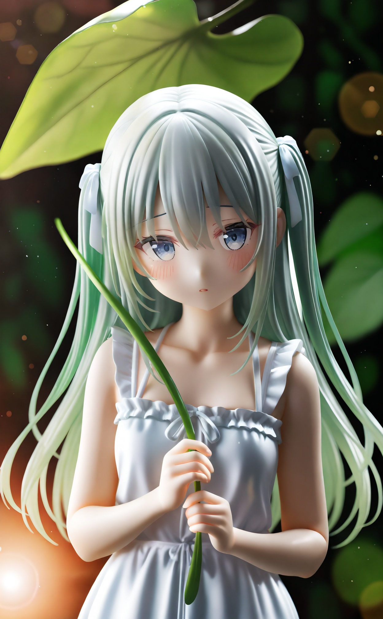masterpiece,absurdres,best quality,high quality,chromatic_aberration,//,1girl,solo,long hair,looking at viewer,blush,bangs,blue eyes,dress,ribbon,holding,hair between eyes,bare shoulders,closed mouth,collarbone,hair ribbon,upper body,grey hair,parted lips,green hair,sleeveless,white dress,two side up,grey eyes,sleeveless dress,leaf,white ribbon,minigirl,holding leaf,leaf umbrella,depth of field,cinematic lighting,light particles,lens flare,extreme aesthetic,masterpiece,best quality,good quality,newest,very aesthetic,absurdres,A shot with tension,//,Cinematic Lighting,depth_of_field,pastel colors,subsurface scattering,blurry,//,<lora:PVC8——【CKXL】hans:0.75>,