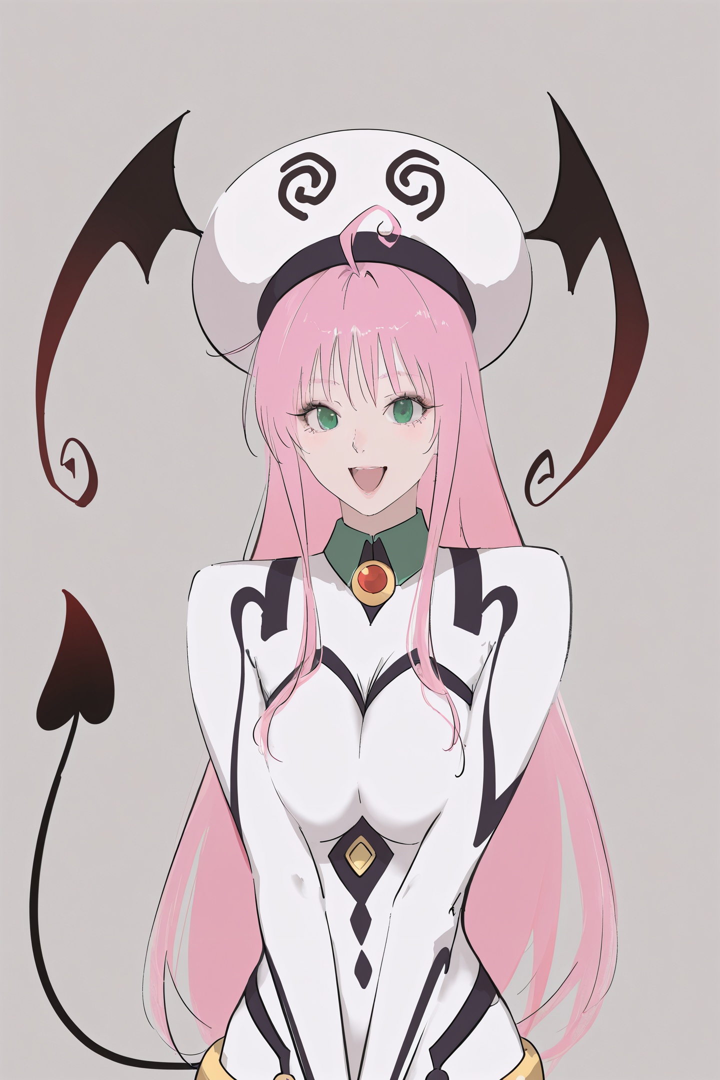 Chikitama Style,lala satalin deviluke,1girl,solo,long hair,green eyes,pink hair,tail,hat,white bodysuit,demon tail,leotard,open mouth,smile,upper body,sketch,<lora:Chikitama_illustriousXL:1>,