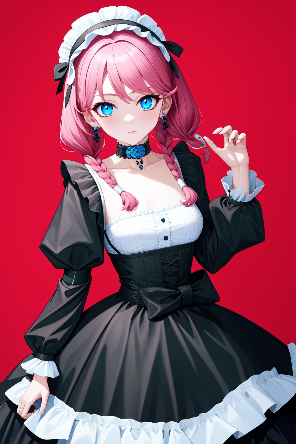 <lora:蓝毒-000008:1>,a girl named arklandu,arklandu,1girl,earrings,low twintails,twin braids,lolita fashion, gothic lolita,, (masterpiece,best quality,high quality:1.4),absurdres,