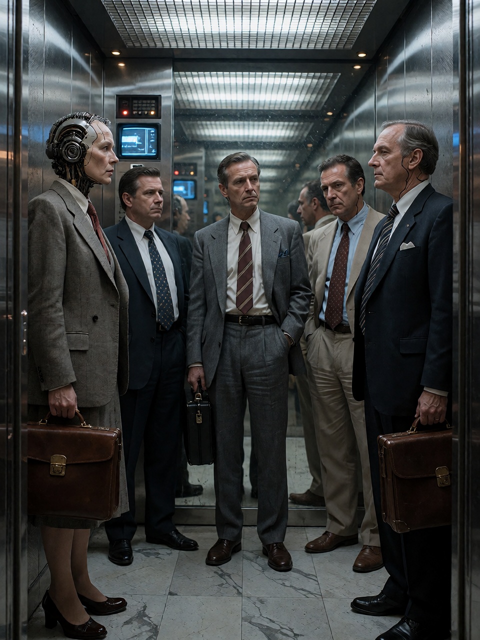 A group of ***** corporate employees standing in a mirrored high-rise elevator,  all wearing sharply tailored 1980s busine...