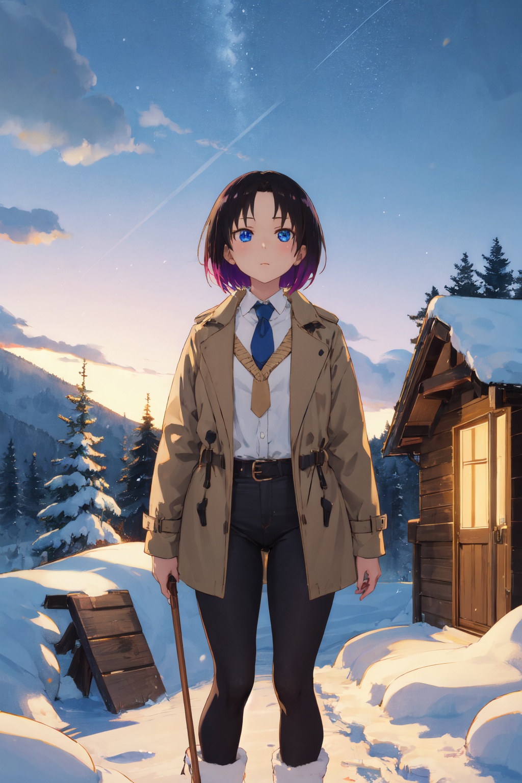 <lora:Elma-000013:0.8>,Elma CYQL,1girl,looking at viewer,solo,short hair,black hair,purple hair,multicolored hair,gradient hair,blue eyes,Faux leather trench coat with statement-making oversized lapels,seductive_smile,full_shot,At the foot of a snow-covered mountain, a cozy wooden cabin stands serenely, smoke gently curling upwards, contrasting starkly with the distant,(Cottage garden flowers, Herbaceous borders, Cottage charm, Summer blooms, English countryside, Bees buzzing:0.5),beautiful detailed sky,beautiful detailed glow,posing in front of a colorful and dynamic background,masterpiece,best quality,beautiful and aesthetic,contrapposto,female focus,wallpaper,