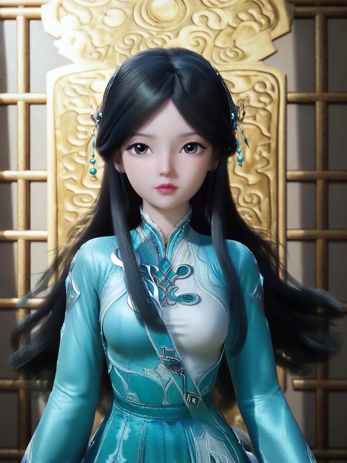 score_9,1girl,solo,SFNingRongRongPony,black eyes,breasts,medium breasts,hair ornament,sleeves, black hair,aqua dress,cowboy shot, eyelashes,standing, lipstick,looking at viewer,indoors, <lora:SF_NingRongRong_Child_Pony_Realism2.3-000004:0.7>,