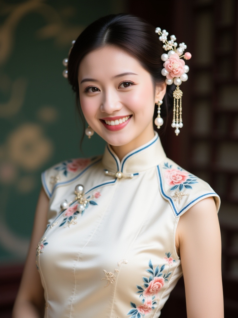 shangft, an East Asian woman with fair skin and a slender physique, wearing a traditional Chinese cheongsam. She has dark hair styled elegantly with floral hair accessories. The cheongsam is cream-colored with floral embroidery in pink and blue. She wears pearl earrings and has a warm smile, exuding grace and charm. Background is blurred with green and brown hues.<lora:S-T-古风写实_S1.03:1>