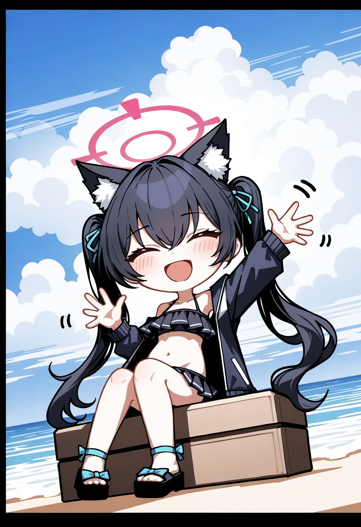 tuda6,serika \(swimsuit\) \(blue archive\),1girl,chibi,sky,cloudy sky,cat girl,official alternate hairstyle,black bikini,closed eyes,solo,red eyes,swimsuit,bikini,waving,jacket,black hair,midriff,animal ear fluff,jacket over swimsuit,navel,halo,stomach,animal ears,sitting,smile,long sleeves,hair between eyes,cat ears,blush,frilled bikini,sidelocks,beach,:d,cloud,^_^,black footwear,two-tone background,frills,twintails,looking at viewer,blue sky,outdoors,long hair,
