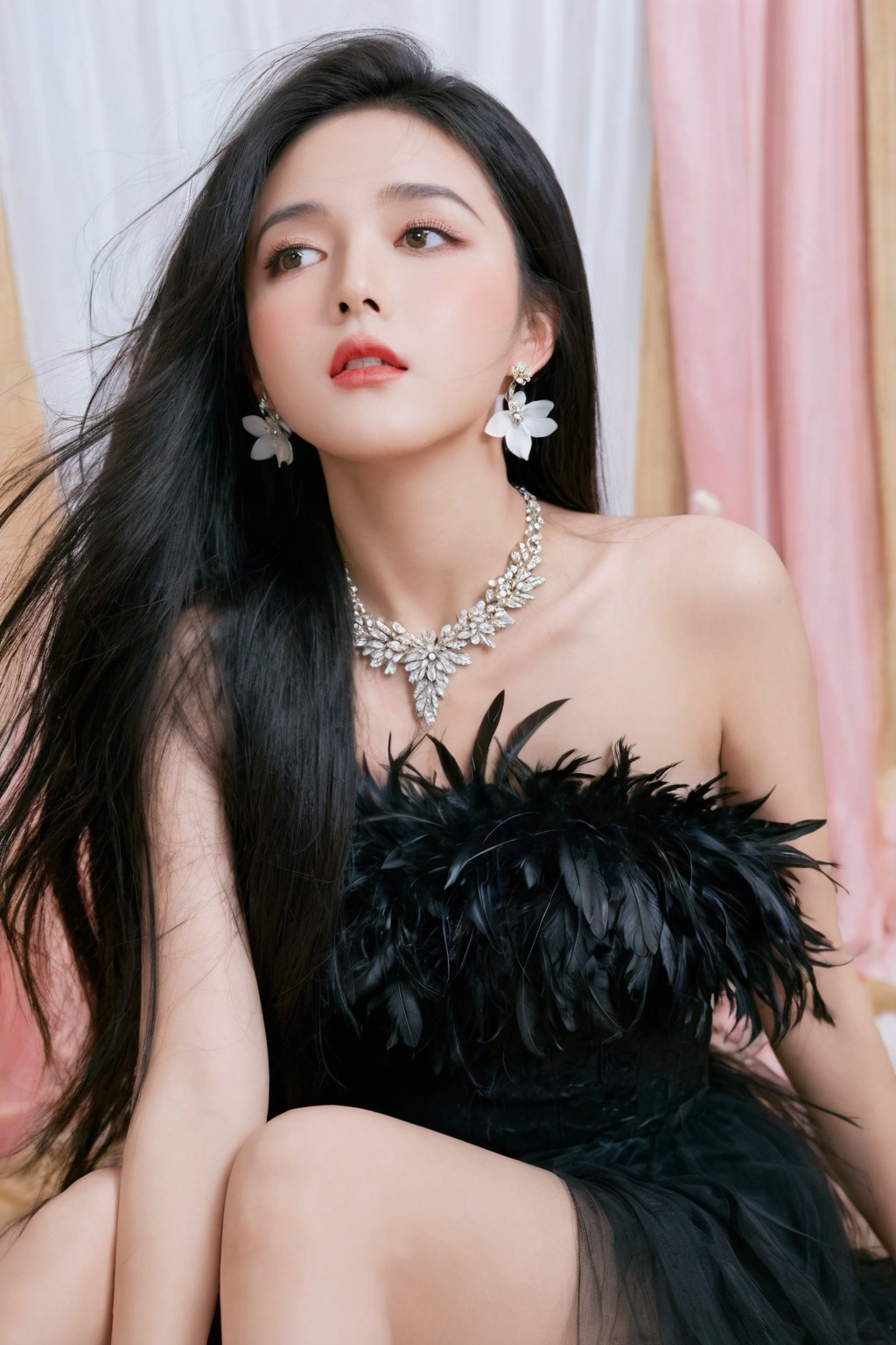 1girl,solo,long hair,black hair,feathers,sitting,dress,looking up,parted lips,flower,jewelry,