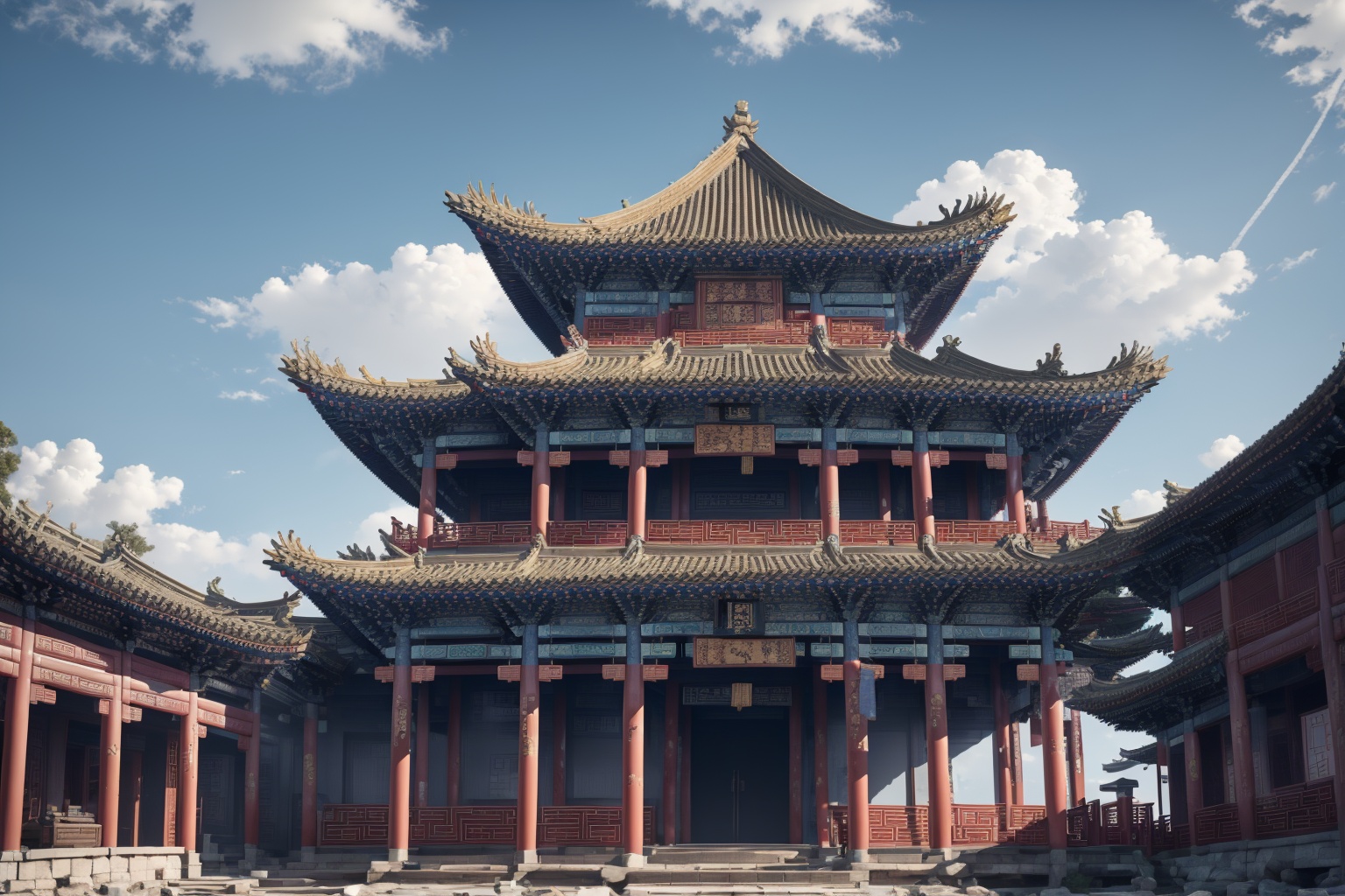 <lora:AgainGuofengStyle:1>,AgainGuofengStyle, architecture, east asian architecture, scenery, no humans, sky, outdoors, day, stairs, building, blue sky, cloud, chinese text, plant, shadow, shrine, lantern