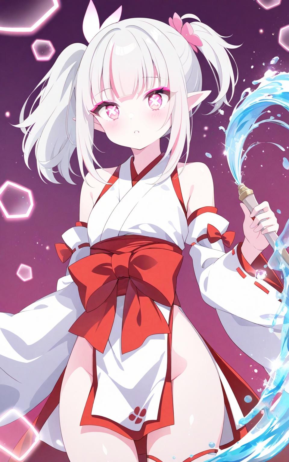 O,Noyu,Torino,0,Spring couplets,red envelopes,1girl,solo,bishoujo,elf,miko,magical_girl,white_skin,shiny_skin,fair_skin,oil,slender,white hair,silver hair,streaked hair,ponytail,Side ponytail,short ponytail,elf ears,pointy_ears,pink eyes,pink eyeshadow,glowing_eye,water_eyes,x-shaped_pupils,bare shoulders,narrow_waist,
