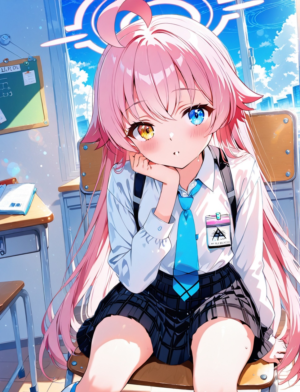 hoshino (blue archive),O,1girl, solo, hoshino (blue archive), heterochromia, pink hair, skirt, blue necktie, shirt, long hair, blue eyes, necktie, ahoge, halo, white shirt, desk, blush, long sleeves, indoors, yellow eyes, sitting, school desk, bangs, parted lips, collared shirt, looking at viewer, sky, day, hair between eyes, window, head rest, cloud, pleated skirt, feet out of frame, chair, plaid, blue sky, very long hair, sweat, plaid skirt, black skirt, school uniform, school chair,(UHD),anatomically correc,ccurate,textured skin,super detail,high details,award winning,best quality,high quality,retina,16k,HD,1080P,8k,