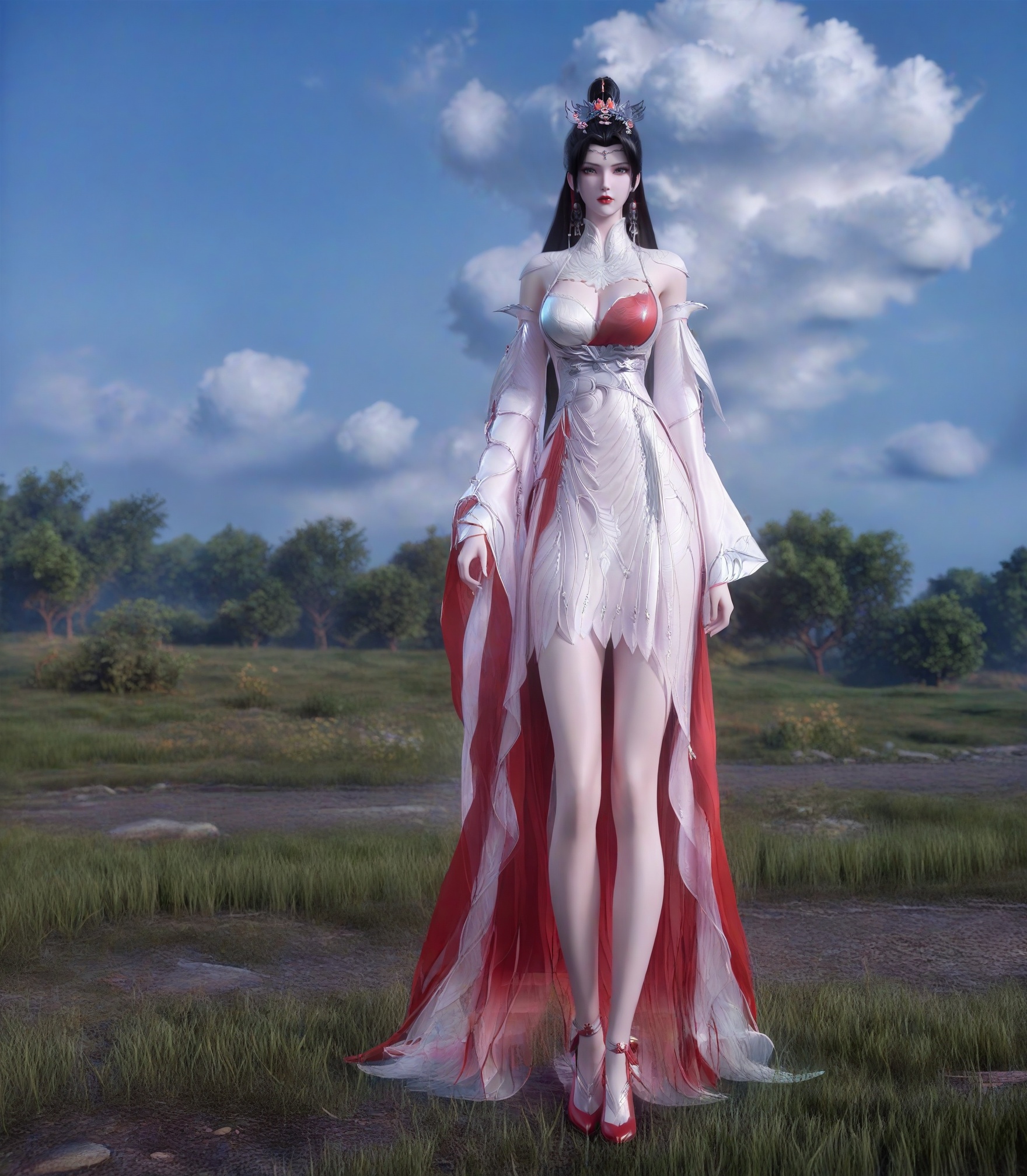 score_9,1girl,solo,hair ornament,long hair,dress,hair bun,enchanting expression,breasts,large breasts,detached sleeves,prink dress,lipstick,eyelashes,grass,black hair,looking at viewer,white background,simple background,full body,red cloth shoes,flat shoes,<lora:SF_LiuMeiSecondClothes81~86_Pony_Realism2.3-000004:0.72>,The blue sky and white clouds,