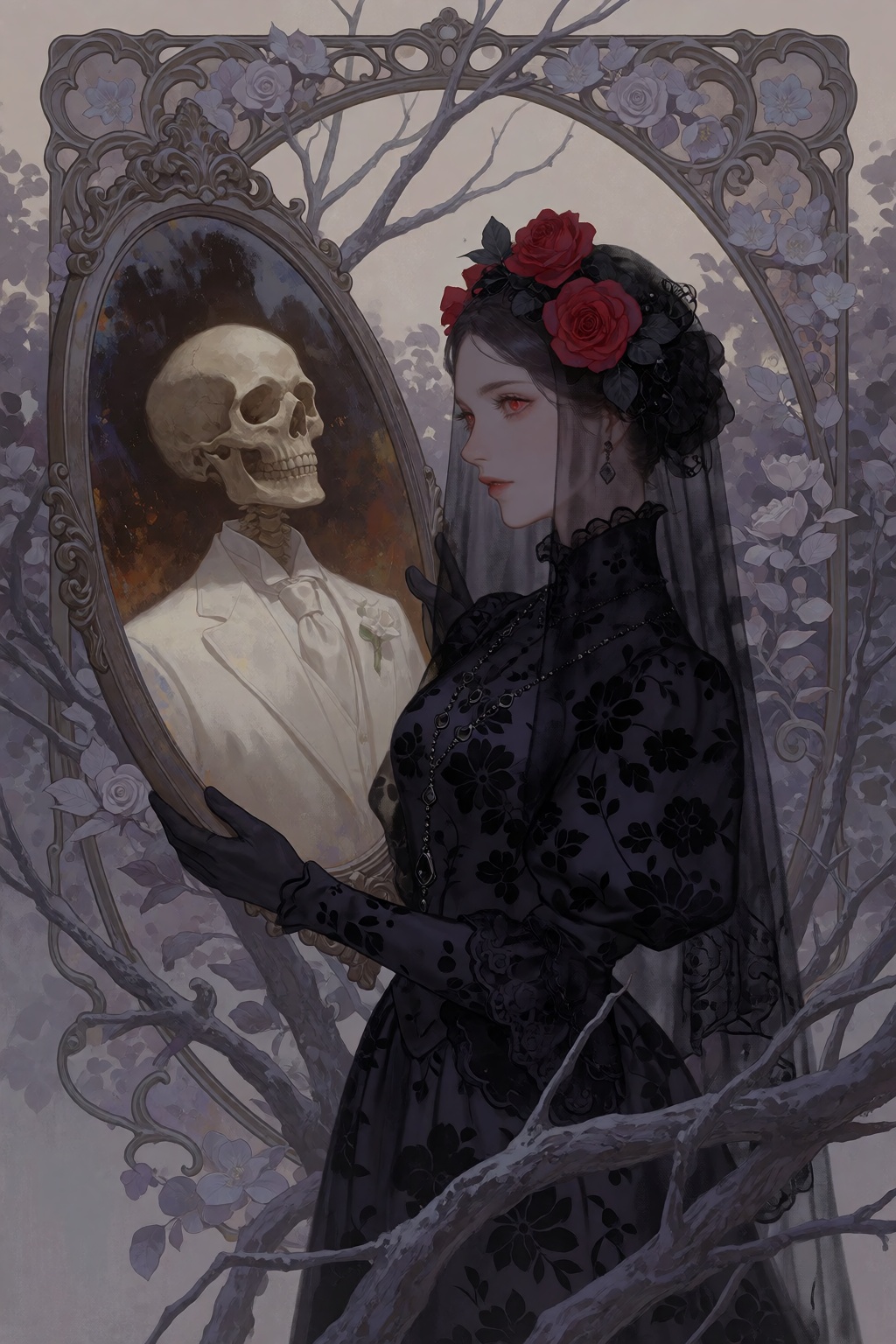 A medium shot depicts a veiled red-eyed woman in profile holding and looking into an oval,  ornately framed painting of a...