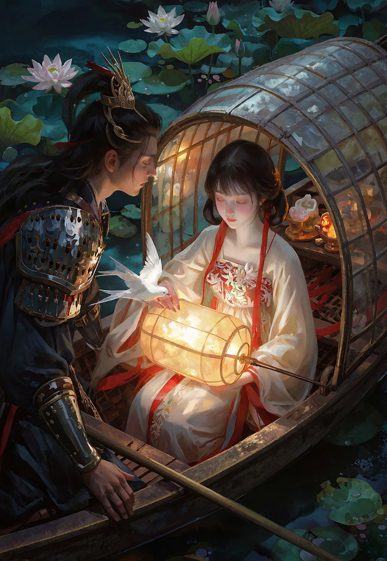 Gliding across a tranquil nocturnal lotus pond in a warm,  contemplative palette of twilight teal,  glowing amber on Tenso...