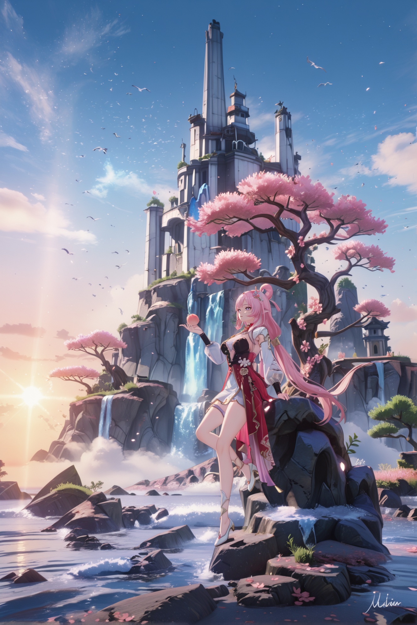 8k,best quality,masterpiece,(ultra-detailed),(high detailed skin),<lora:mingchao-noob-Tanger:0.7>,artist: Wuthering Waves, Wuthering Waves art style, scenery, no humans, outdoors, tree, sky, cloud, rock, water, cloudy sky, sunset, river, grass, fantasy, landscape, blue sky, horizon, nature, mountain, building, day, cliff, ocean, signature, ruins, sunlight, bird<lora:Elysia-noob-Tanger:0.8>,elysia \(honkai impact\),Elysiacn,clothes: Elysiacn red-and-pink chinese dress,Elysiacn hair ornament,1girl,pink hair,pointy ears,breasts,long hair,elf,purple eyes,flower,bangs,hair flower,diamond-shaped pupils,Peach branch with peach blossom,asymmetrical dress,