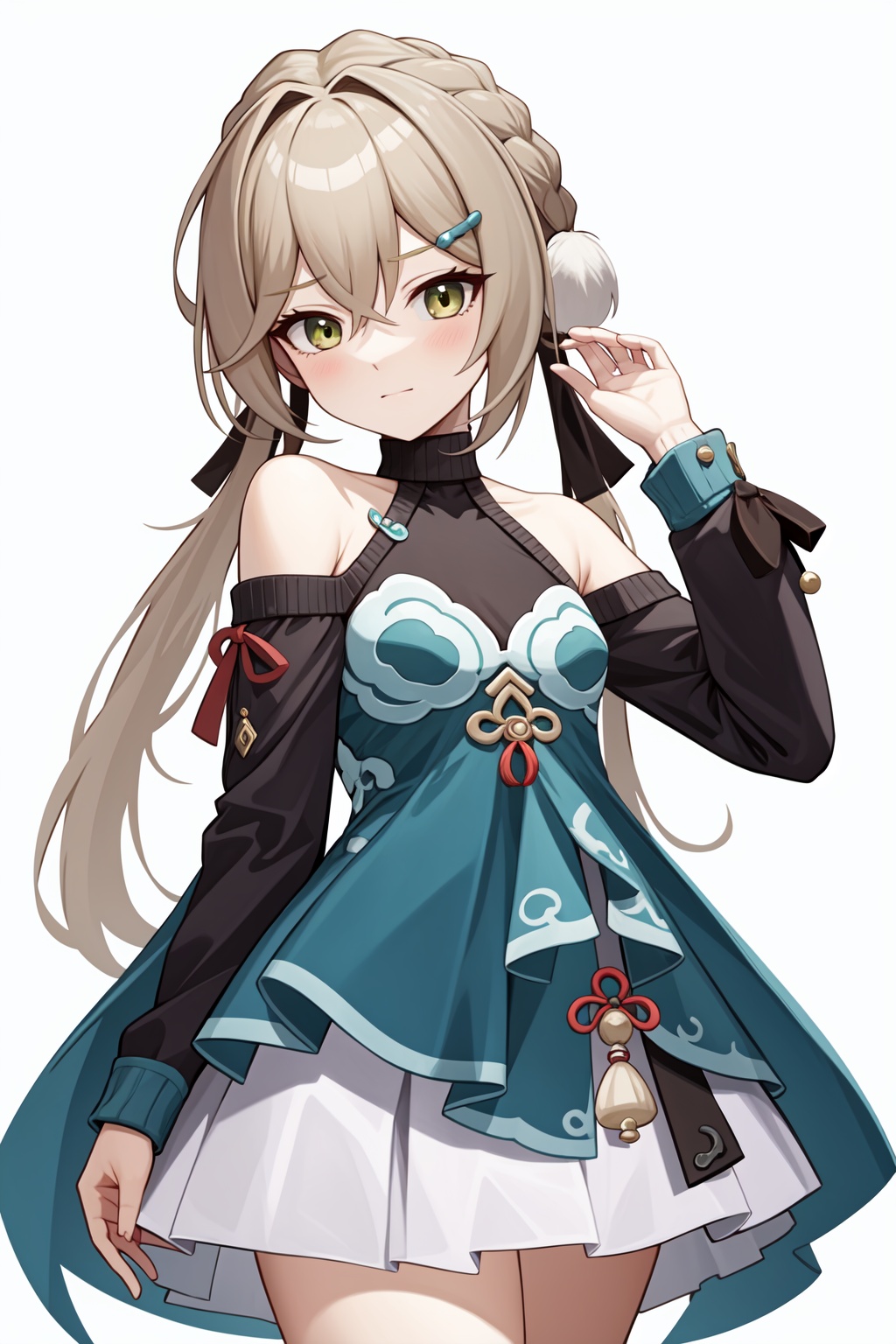 <lora:青雀v2:1:lbw=char>,1girl,qingque,bare shoulders,long sleeves,braid,twintails,dress,(white skirt:0.8),, (masterpiece,best quality:1.2),absurdres, high quality,