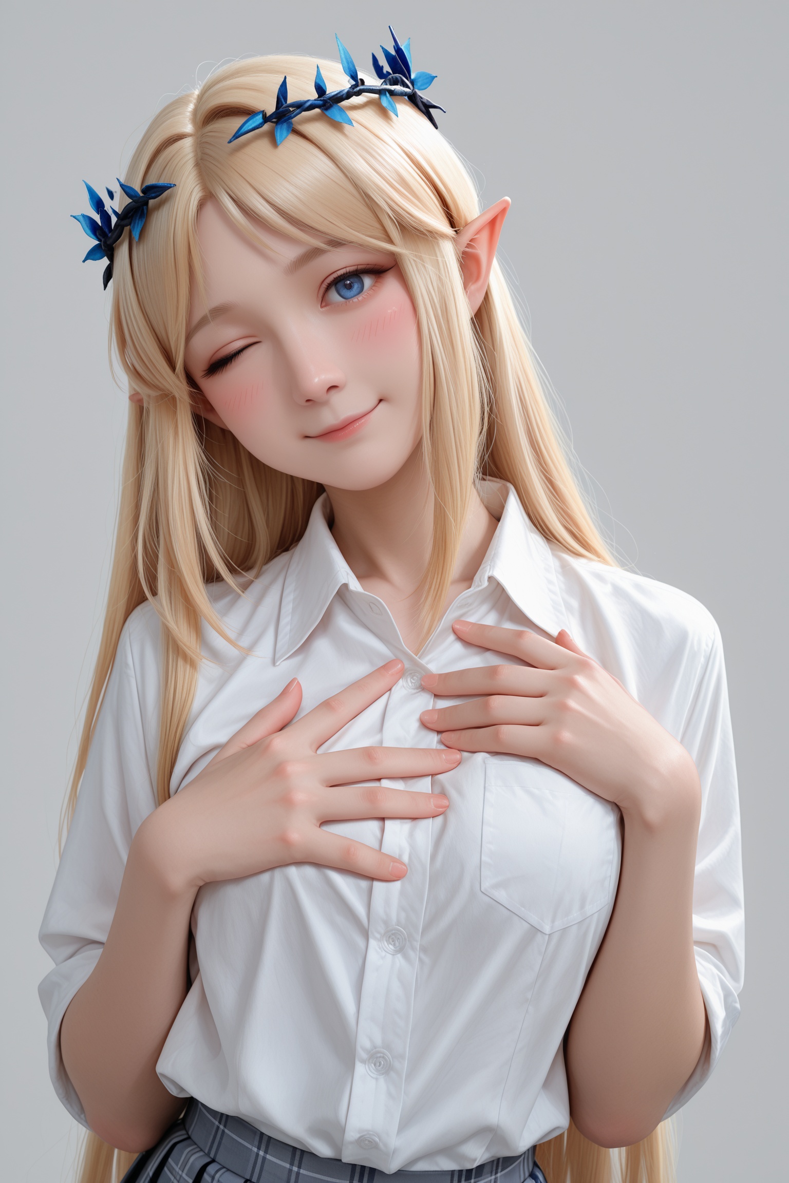 masterpiece,best quality,good quality,1girl,cartethyia \(wuthering waves\),school uniform,white white shirt,plaid skirt,blonde hair,blue eyes,closed mouth,crown of thorns,head tilt,light blush,long hair,looking at viewer,one eye closed,hand on own chest,pointy ears,sidelocks,simple background,smile,solo,upper body,white background,