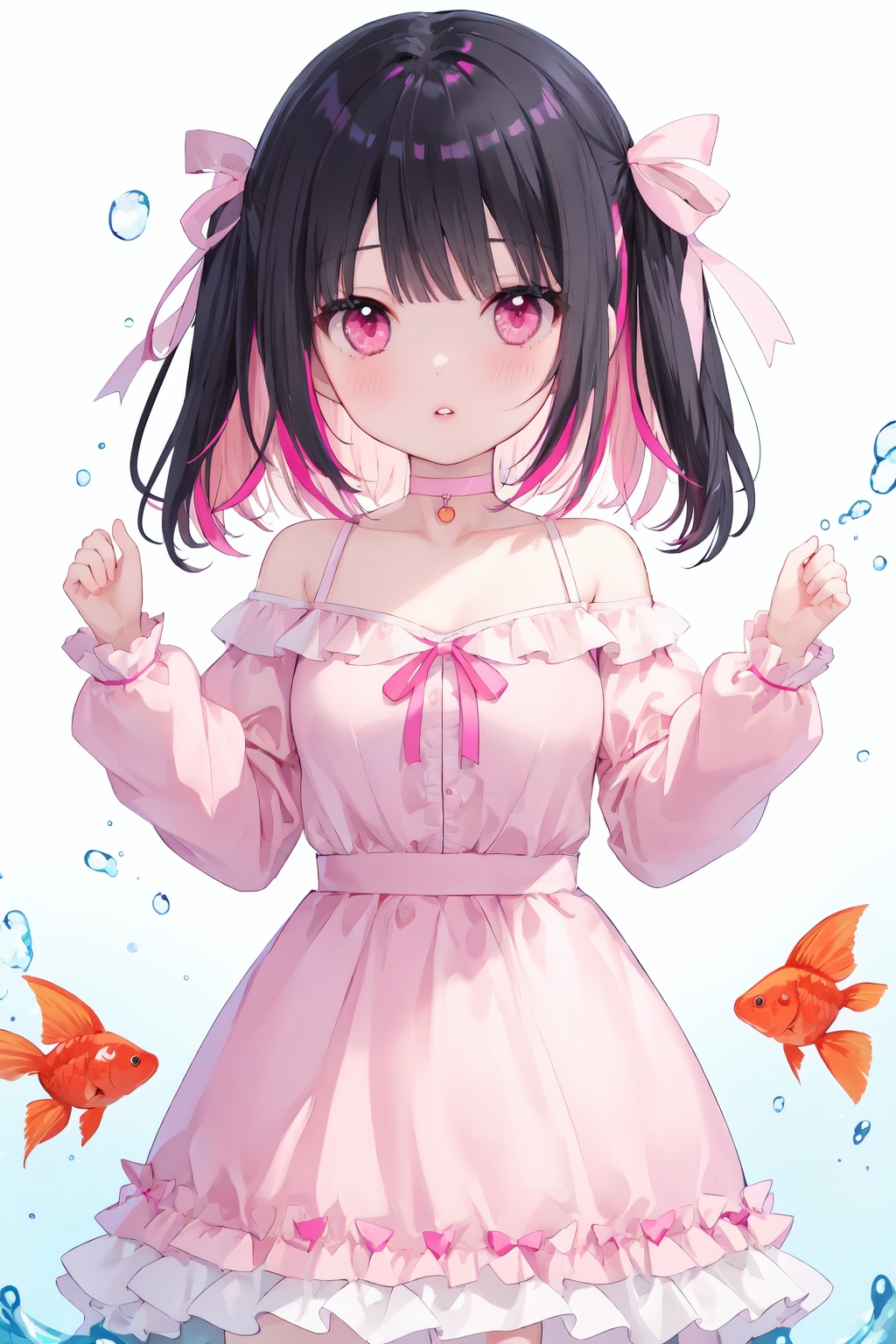 1girl,solo,fish,black hair,dress,multicolored hair,bangs,long sleeves,looking at viewer,ribbon,white background,pink dress,hair ribbon,parted lips,choker,pink eyes,bare shoulders,collarbone,two-tone hair,water,frills,own hands together,pink ribbon,blush,puffy long sleeves,puffy sleeves,pink hair,colored inner hair,long hair,simple background,off shoulder,hands up,goldfish,standing,frilled dress,bright eyes,clear eyes,mi-style,