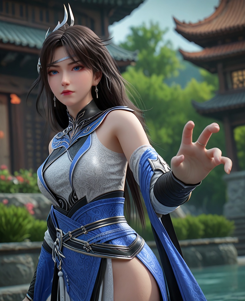 (oriental architecture, elegant decor, sophisticated style:1.1),(claw pose:1.1),(breasts:1.2),<lora:XL百炼成神裴芸:0.95>,miss peiyun,black hair,long hair,jewelry,earrings,blue eyes,hair ornament,detached sleeves,dress,breasts,bare shoulders,circlet,mole under eye,sash,, zPDXL2, score_9, score_8_up, score_7_up BREAK realistic, masterpiece,best quality, highly detailed,, zPDXL3, zPDXL2,zPDXL, zPDXLxxx, zPDXLrl,