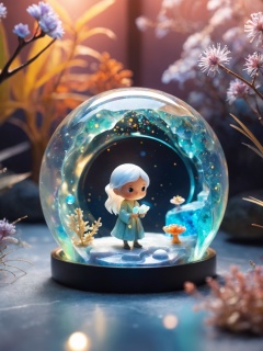 a tiny woman inside an opal marble,tiny organisms,unexplored ecosystem,cute small critters,sparks,