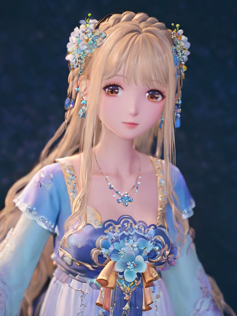 <lora:test1:0.85>,chinese clothes,1girl,jewelry,solo,blonde hair,long hair,hair ornament,necklace,dress,brown eyes,flower,long sleeves,hanfu,upper body,looking at viewer,hair flower,dark background,earrings,simple background,braid,cuteg,medium eyes,