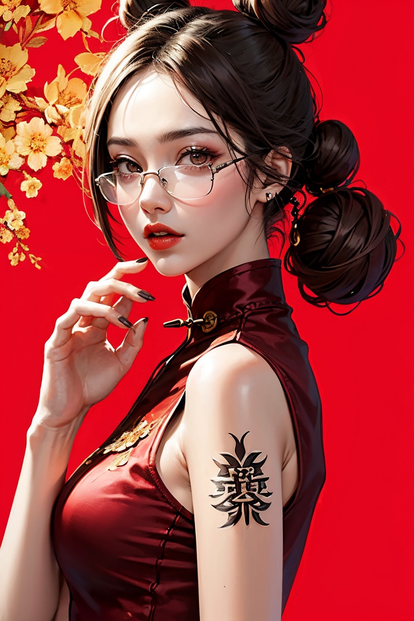 neo-chinese style,national tide,1girl,solo,chinese clothes,sunglasses,china dress,double bun,nail polish,hair bun,dress,hair ornament,red background,looking at viewer,upper body,new year costume,New Chinese cheongsam,new year,red nails,brown eyes,realistic,lips,makeup,lipstick,tattoo,red lips,simple background,red dress,adjusting eyewear,brown hair,pink nails,new year 2024,<lora:sdxl_National fashion:0.7>,masterpiece,best quality,