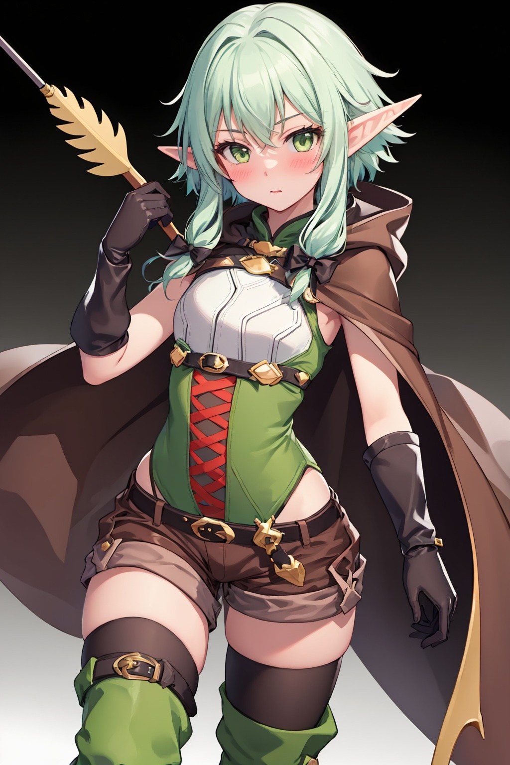 masterpiece,best quality, highly detailed, 1girl,elf,high elf archer (goblin slayer!),solo,brown shorts,black gloves,bow \(weapon\),looking at viewer,simple background,white background,arrow \(projectile\),holding weapon,cloak,thighhighs,closed mouth,short shorts,thigh boots,blush,brown cape,<lora:high_elf_archer_(goblin_slayer):1>