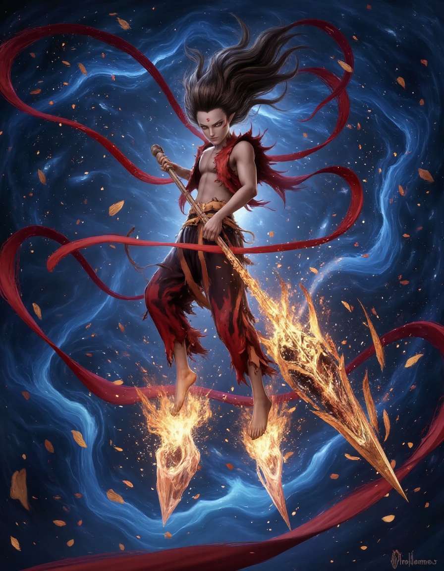 danezha,(cosmic warrior:1.7),nebula-infused crystal spear,Nezha floating in asteroid field,(gravity-defying hair:1.5),armor embedded with pulsar fragments,event horizon energy swirls,(zero-g combat stance:1.6),spacetime distortion around weapon tip,supernova color palette,volumetric stardust,iridescent energy corona,<lora:danezhaflux-lora-000009:1>,