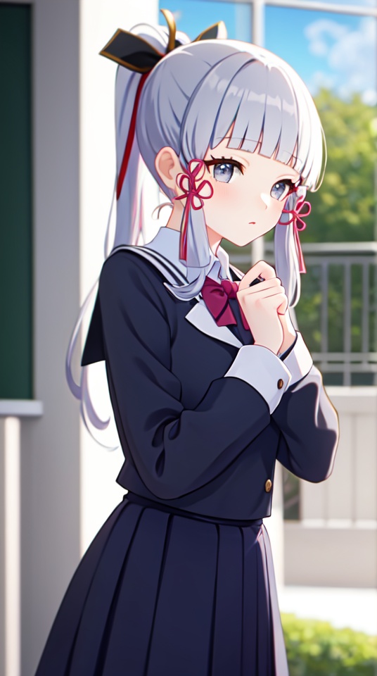 masterpiece,best quality,<lora:ayaka:0.5>,kamisato ayaka,1girl,solo,ponytail,long hair,hair ornament,hair ribbon,blunt bangs,sidelocks,grey eyes,standing,(school_uniform:1.4),