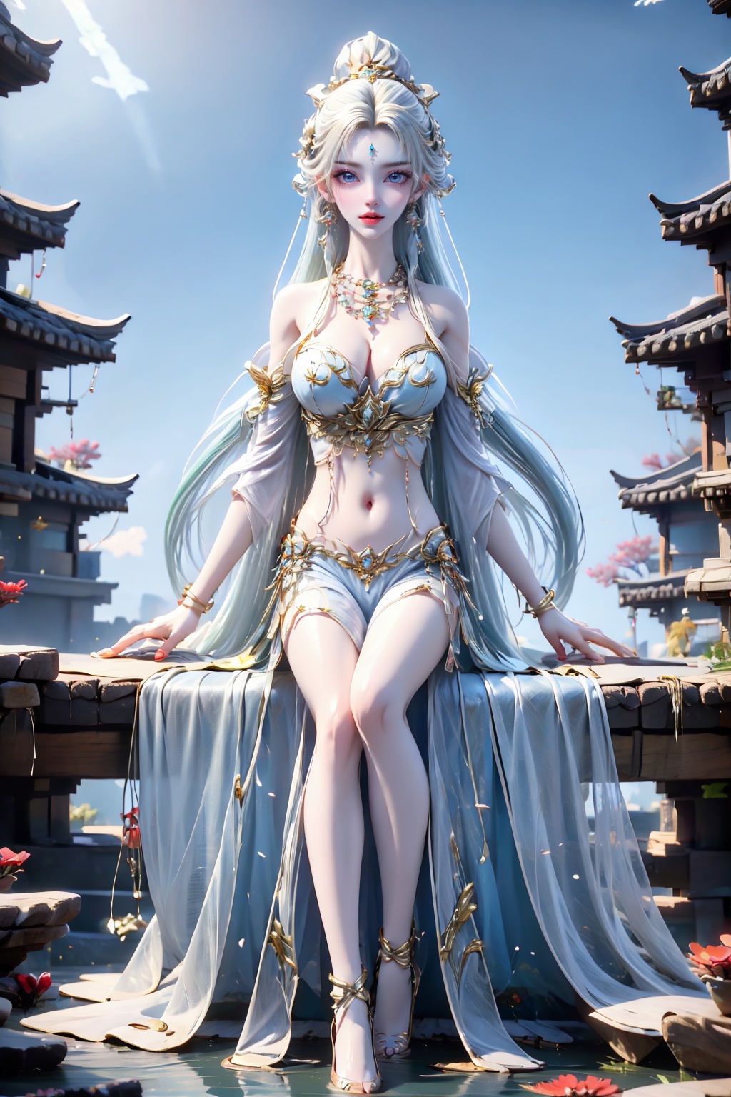 1girl, monster girl, solo, coral, necklace, jewelry, long hair, navel, sitting, underwater, blue eyes, earrings, pearl necklace, white hair, full body, bare shoulders, breasts, red lips, looking at viewer, shell, parted lips, sunlight, light rays, lips, rock, blonde hair, cleavage, bubble, stomach, medium breasts, artist name, pearl \(gemstone\), braid, air bubble, shell bikini, arm support