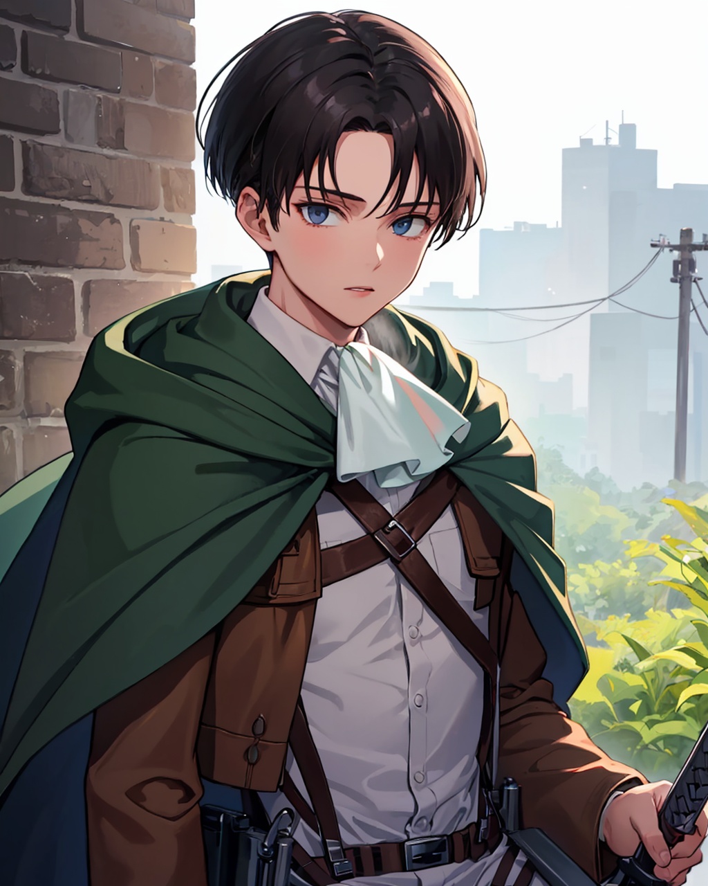 masterpiece,best quality, highly detailed, levi (shingeki no kyojin),1boy, solo, male focus, cape, jacket, holding sword, ascot, looking at viewer, paradis military uniform, three-dimensional maneuver gear,<lora:levi_(shingeki_no_kyojin):1>